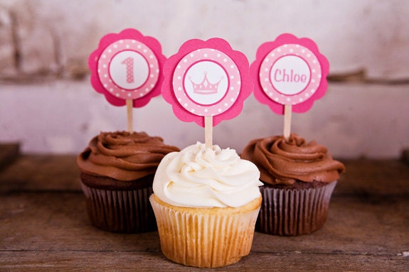 CUPCAKE TOPPERS - Princess Crown Theme Happy Birthday Party Decorations in Light & Hot Pink Il_570xn
