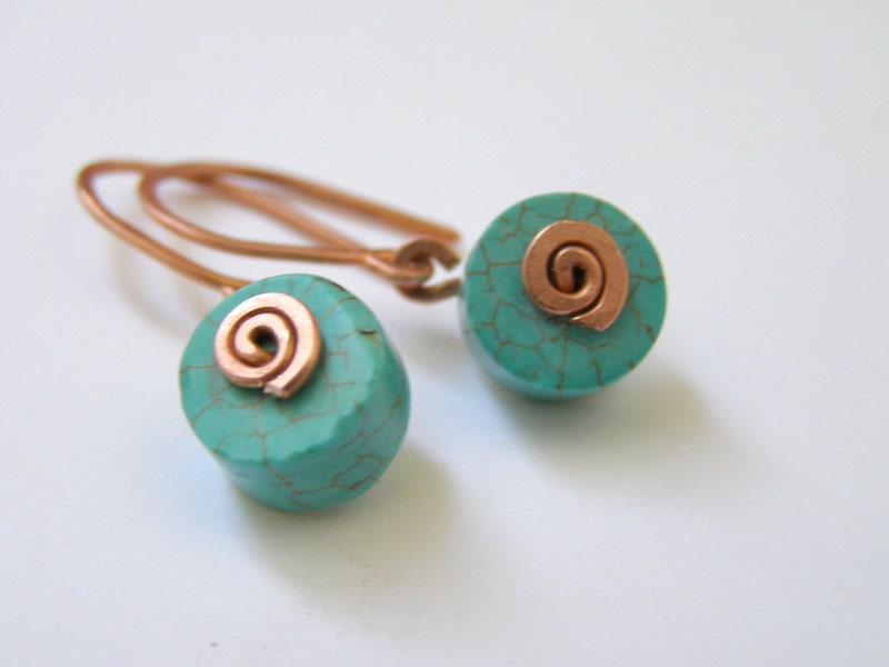 Mint blue turquoise gemstone casual earrings with copper spirals made in Israel