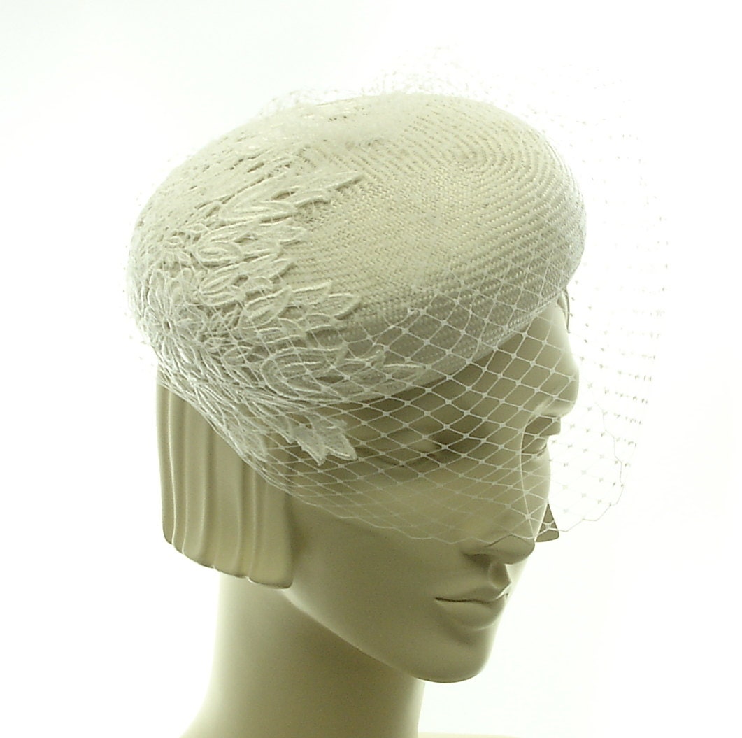 White Hat for Women - White Straw Pillbox Hat -Wedding Veil Hat