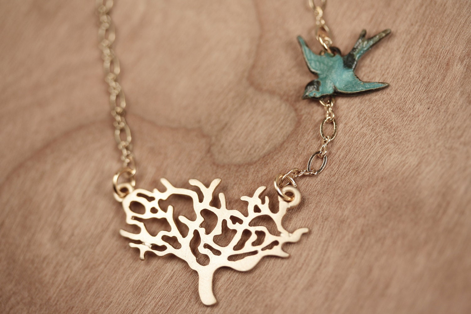 Gold Tree and Blue Bird Necklace, Branch Pendant, Swooping Swallow, Antiqued Wings, Tiny Aqua Charm Jewelry