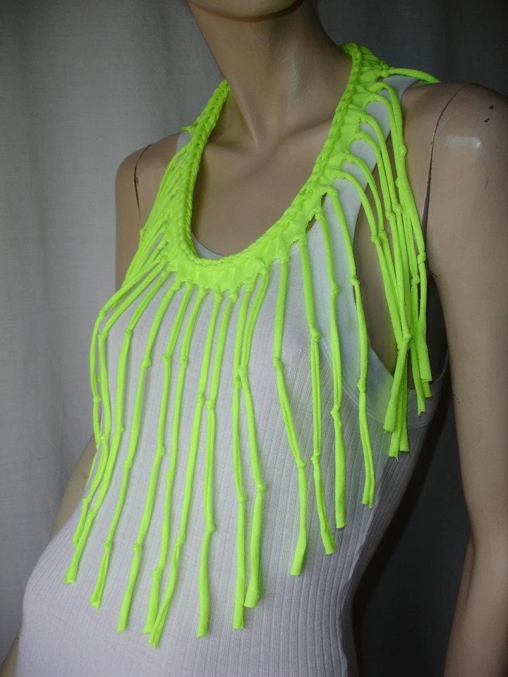 womens shredded braided fringe recycled neon tshirt necklace , upcycled jersey necklace. tshirt scarf. neon yellow