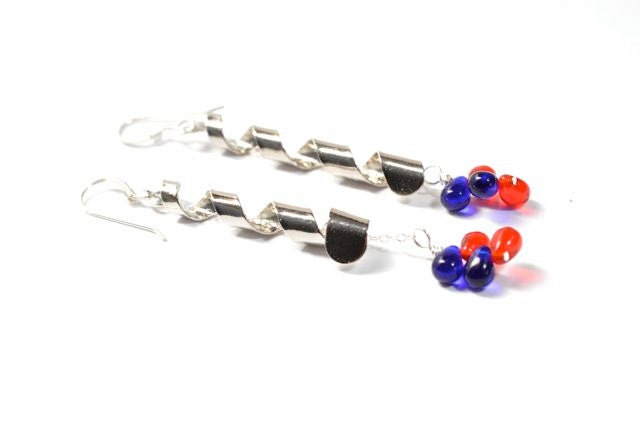 Long Earrings Fourth of July Labor Day American Patrotic Memorial Day Red White Blue Sterling Silver Dangle Earrings - Burst
