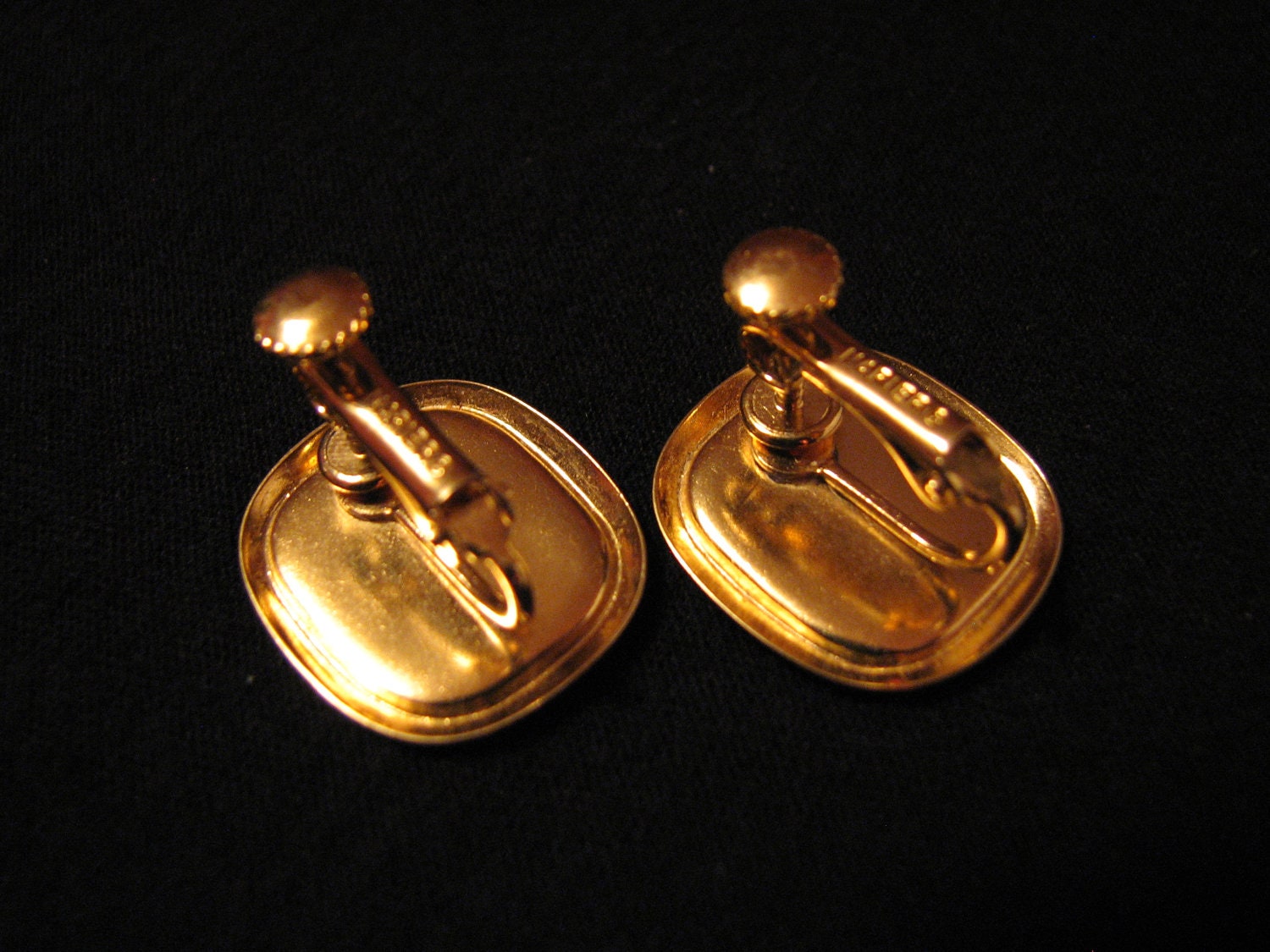 Vintage Napier Gold Tone and Black Enameled Square Clip Earrings