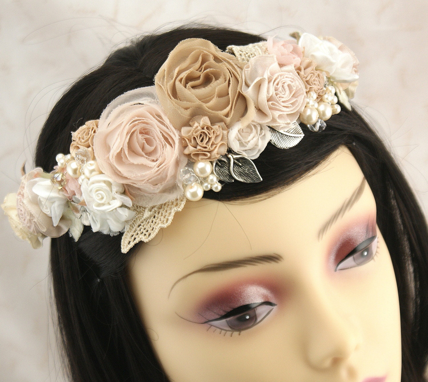 Bridal Flower Crown Jeweled Crown Bridal Headband in Blush Pink, Champagne and Ivory with lace-  Vintage Inspired