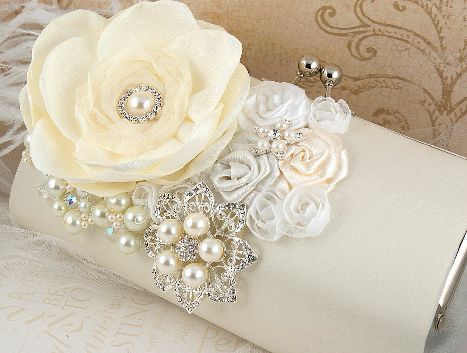 Bridal Clutch - Bridesmaid Party Clutch in Cream, Ivory and White with Brooch, Satin Flowers, Ostrich Feathers, Jewels, Pearls and Crystals