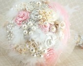 Brooch Bouquet Pearl Bouquet Jeweled Bouquet in Champagne, Ivory and Blush Pink with Feathers, Brooches and Handmade Flowers
