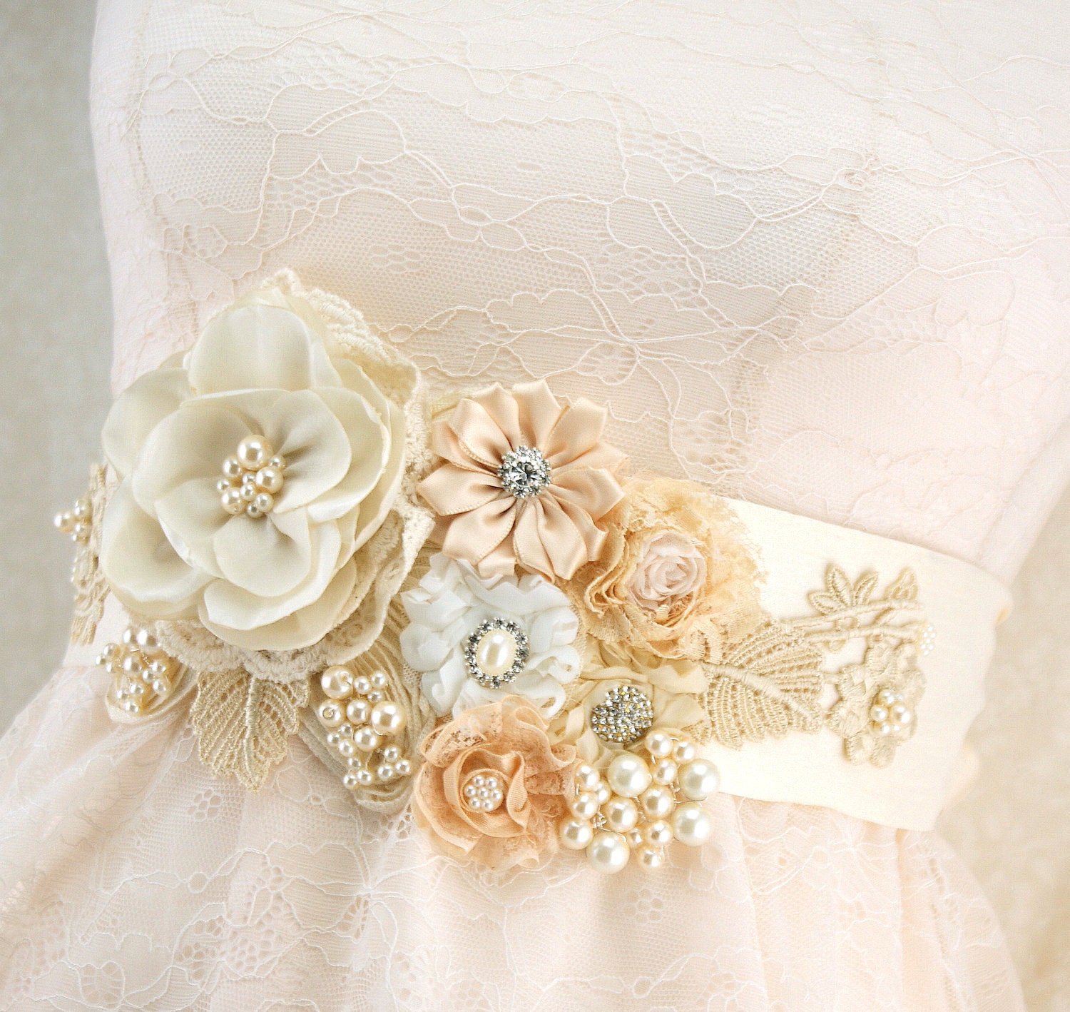 Bridal Sash in Ivory, Champagne and Light Gold with Dupioni Silk, Lace, Pearls and Crystal Jewels- Vintage Dream
