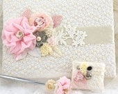 Wedding Guest Book and Pen Set in Ivory and Light Pink- Large size - Vintage Inspired