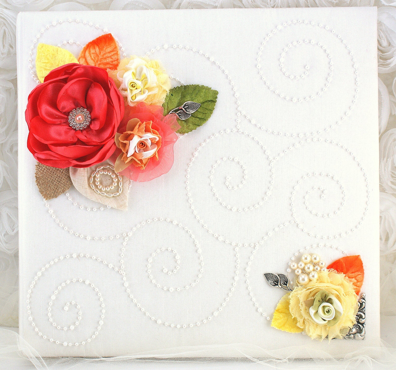 Wedding Photo Album Bridal Rustic Photo Album in Ivory, Coral, Orange and Green with Silk, Linen, Pearls and Handmade Flowers