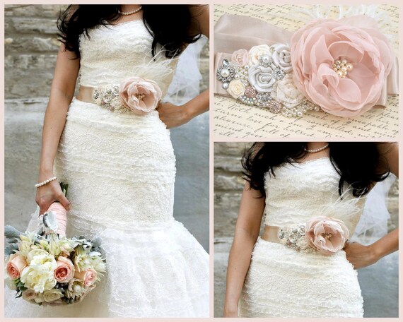 Bridal Sash - Sash in Blush Pink, Ivory, Champagne and Cream with Crystal Jewels, Ostrich Feathers and Handmade Flowers- Breath of Blush