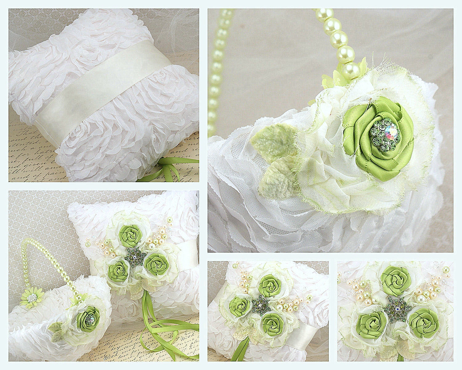 Ring Bearer Pillow Bridal Pillow in Ivory and Lime Green with Chiffon, Jewels and Pearls