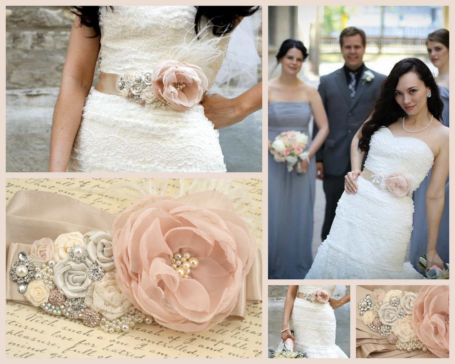 Bridal Sash - Sash in Blush Pink, Ivory, Champagne and Cream with Crystal Jewels, Ostrich Feathers and Handmade Flowers- Breath of Blush