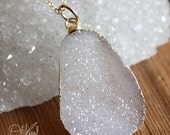 SALE 15 OFF Natural White Sparkling Druzy Necklace - Free Form Stone - 14K Gf Chain