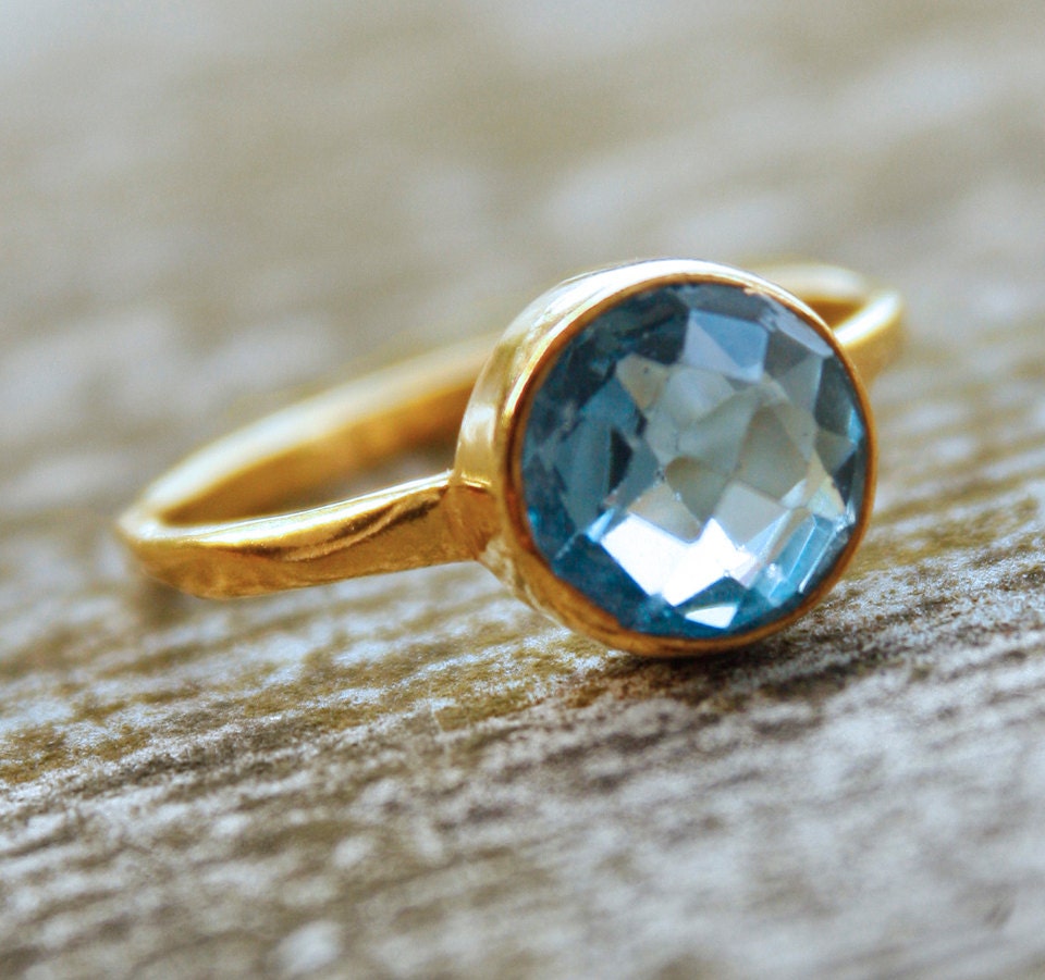 Gold London Blue Quartz Ring - Round Cut - Stacking Ring, December Birthstone