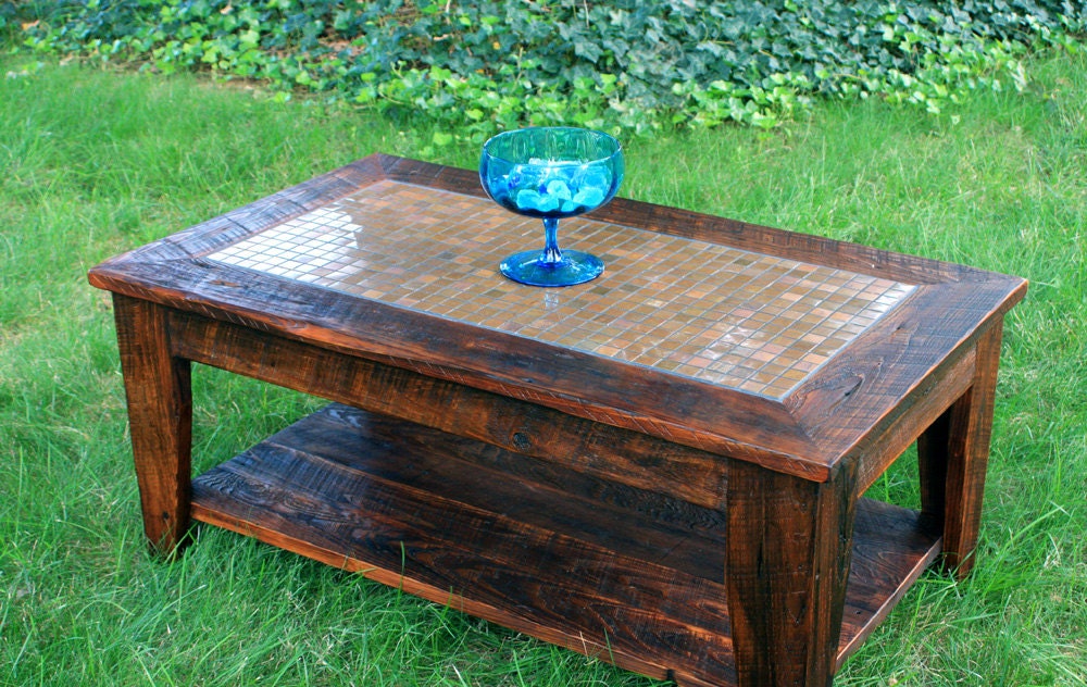 Copper Mosaic Coffee Table, Reclaimed Wood, Rustic Contemporary, "Copper Sunset", Dark Brown Wax Finish - Handmade