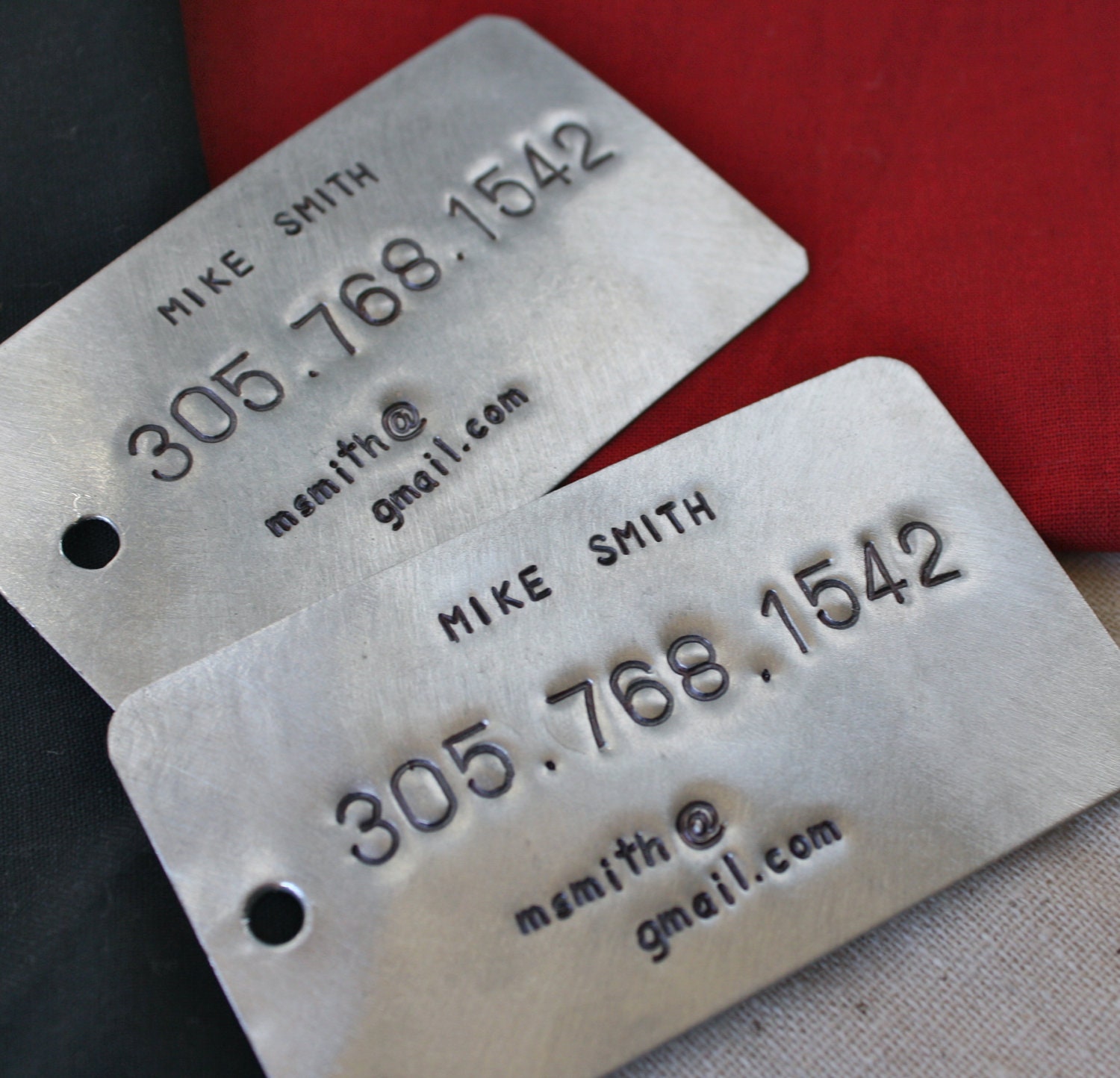 Custom Luggage Tags - 2 Unique Bag Tags - Same personalized info on both - Up cycled Metal Eco Friendly