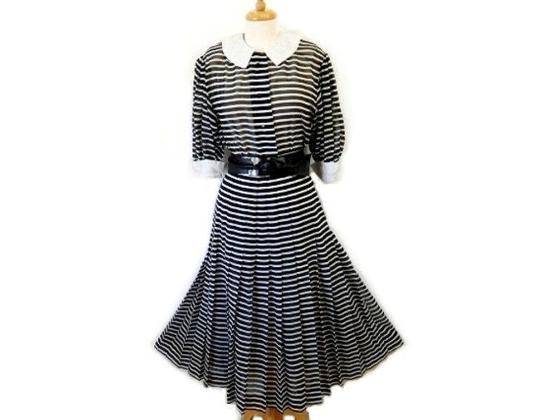 SALE Vintage 1960s Striped Dress JANE JUSTIN  for Don Sophisticates Black and White Cotton Full Pleated Skirt Pin-up Party Dress