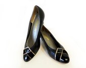 Vintage 70's Black Gold Leather Geometric Wedge Pumps Magdesians Shoes 7.5M