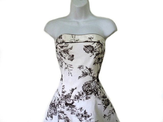 Vintage 60's Linen Dress strapless white brown sweetheart floral garden party Alice in Wonderland