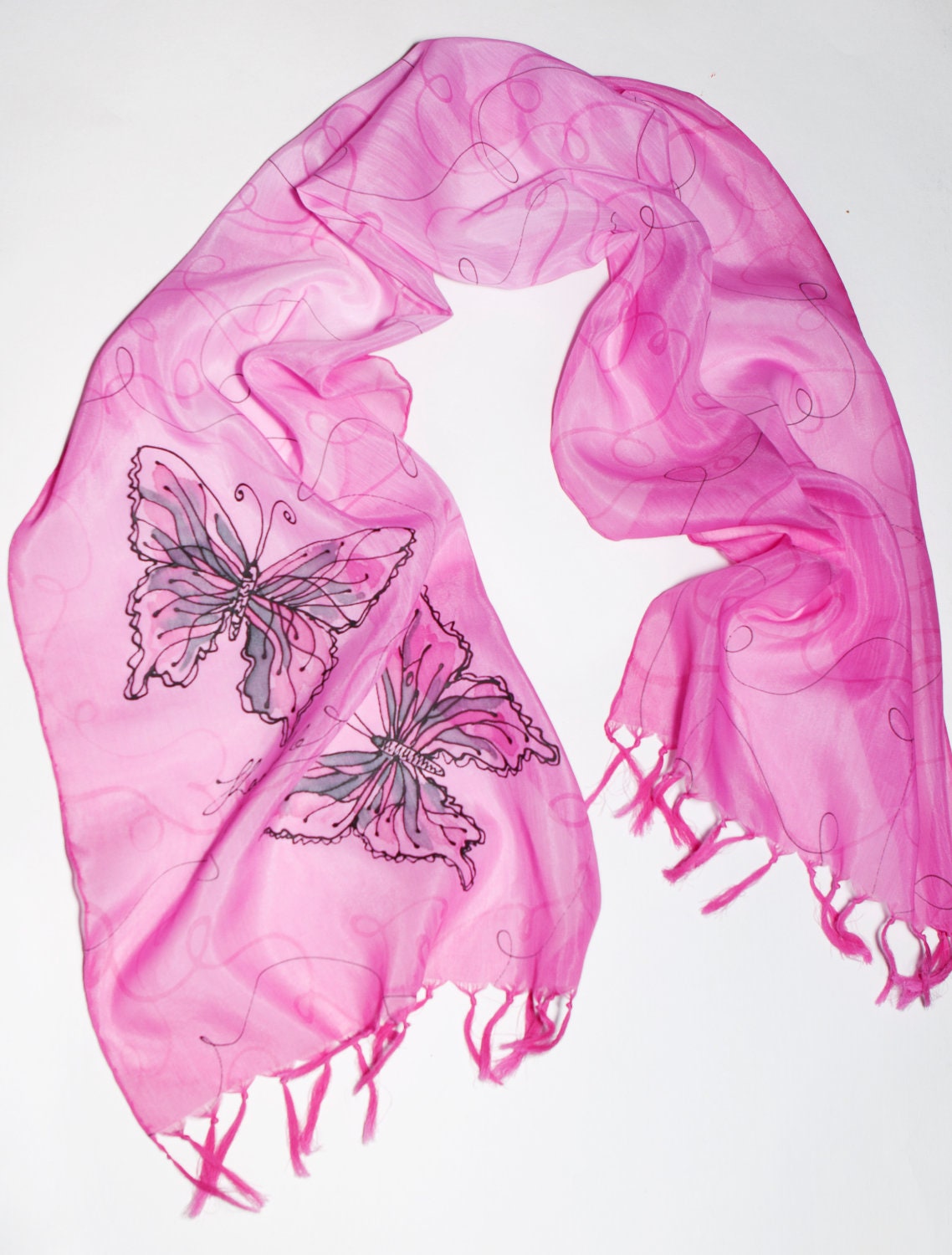 Hand Painted Silk  Cotton Fringe Scarf with Two Butterflies Love Fashion Present Luck Love  READY TO SHIP