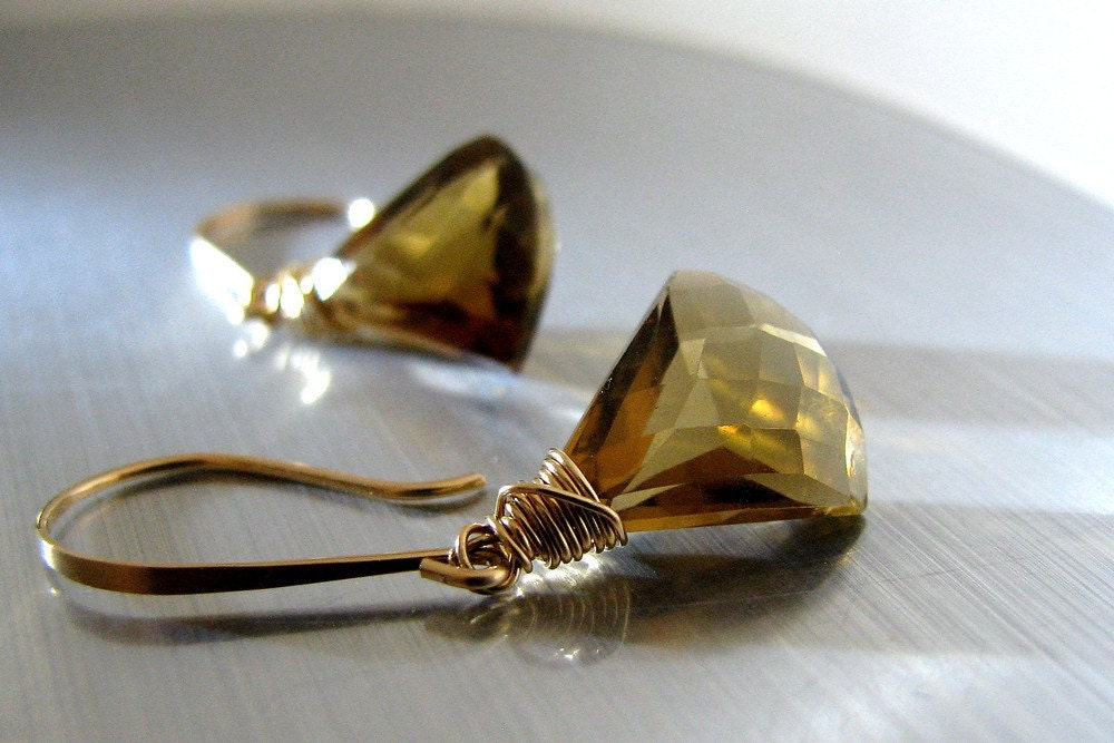 Beer Quartz Earrings, Long Dangle, Gold, Topaz, Gemstone, Amber, Natural Stone, Fan Cut, Handmade, Fall Fashion - Ale