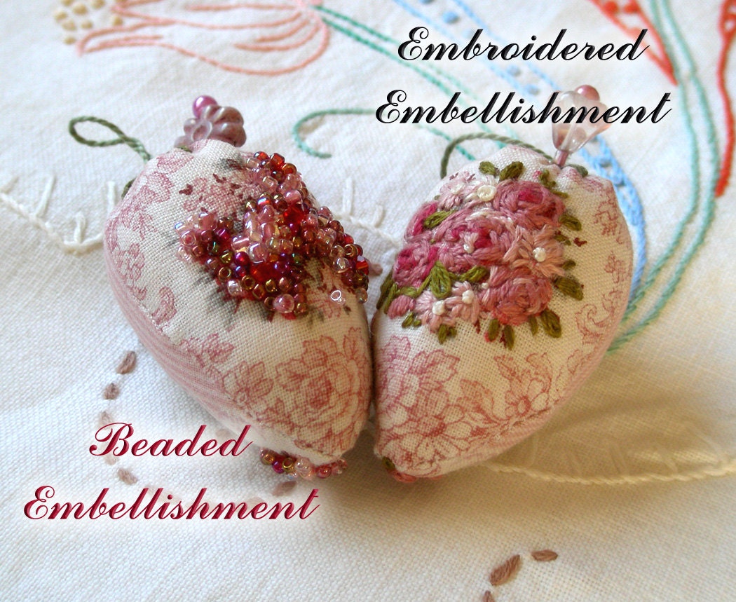 Deluxe Strawberry Emery Pin Cushion- Pretty Rose Bouquet,  Embroidered