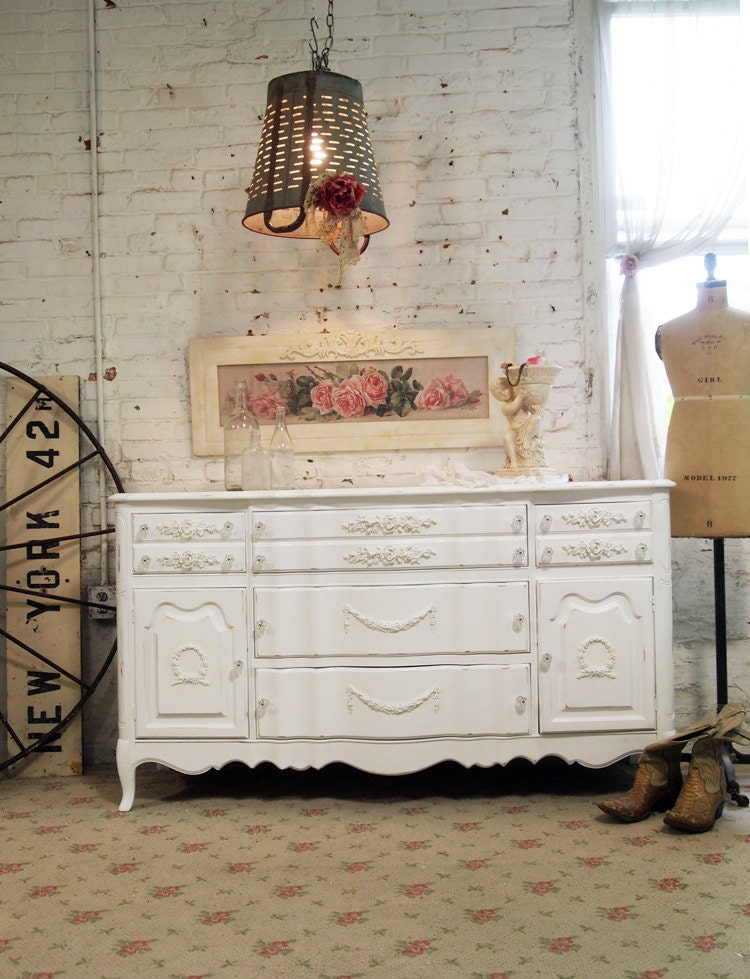 Painted Cottage Chic Shabby White Vintage French Server SV303