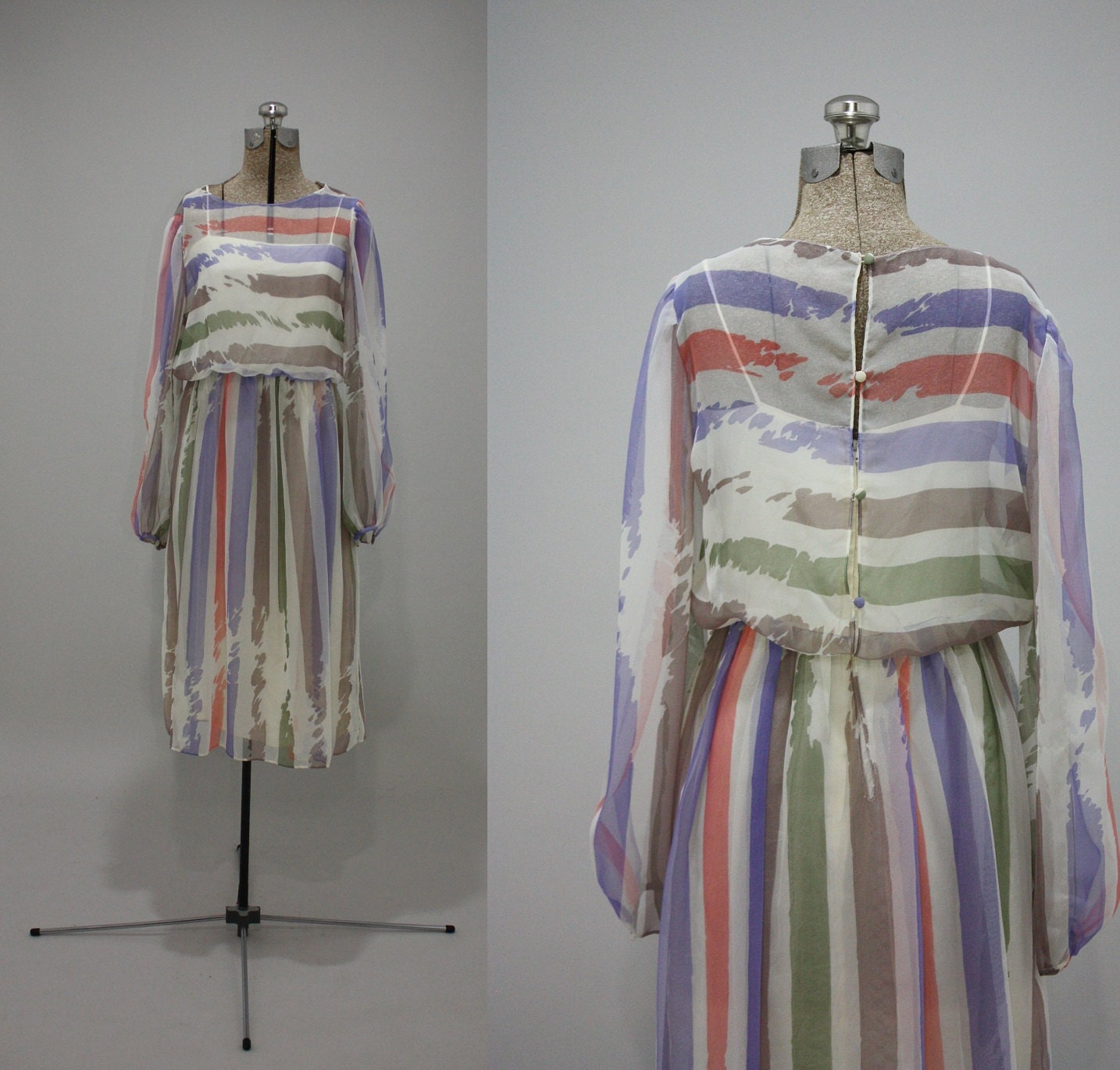 Weekend Sale - SALE vintage 70s 80s cocktail dress - Watercolor Bridesmaid stripe slouchy spaghetti strap summer party