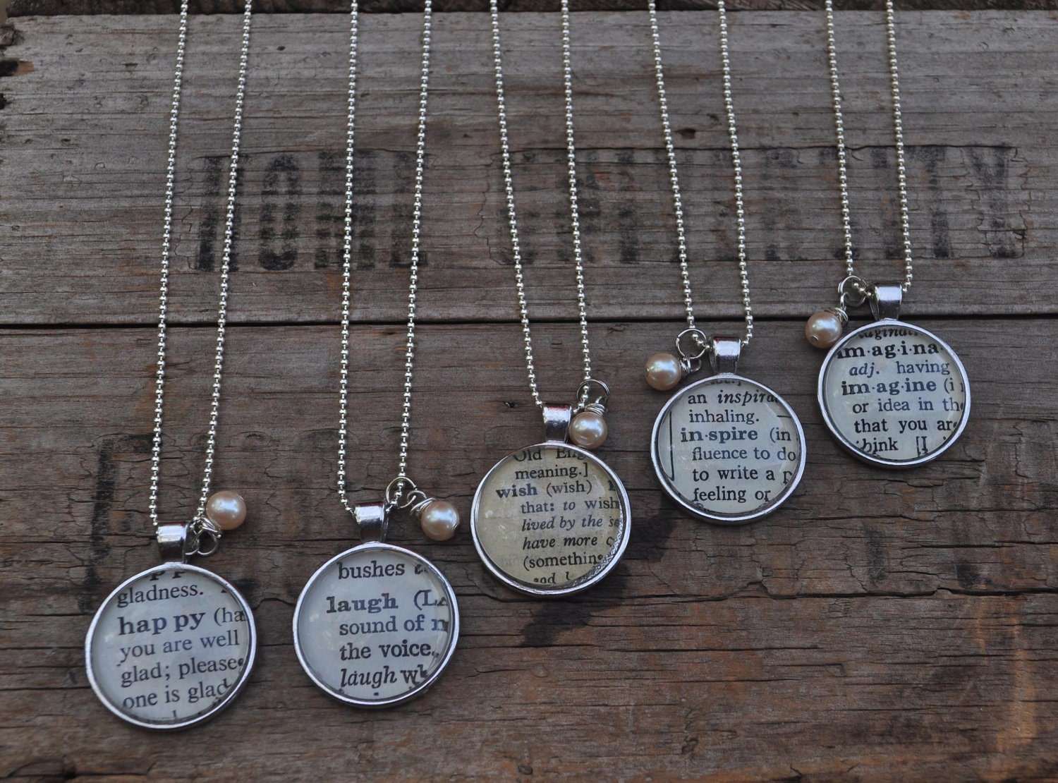 Personalized Bridesmaid Vintage Dictionary Word Necklace Pendant- 5 necklaces