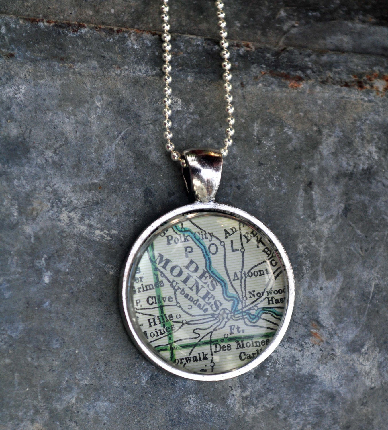 Map Pendant Necklace from Vintage Atlas Des Moines Iowa