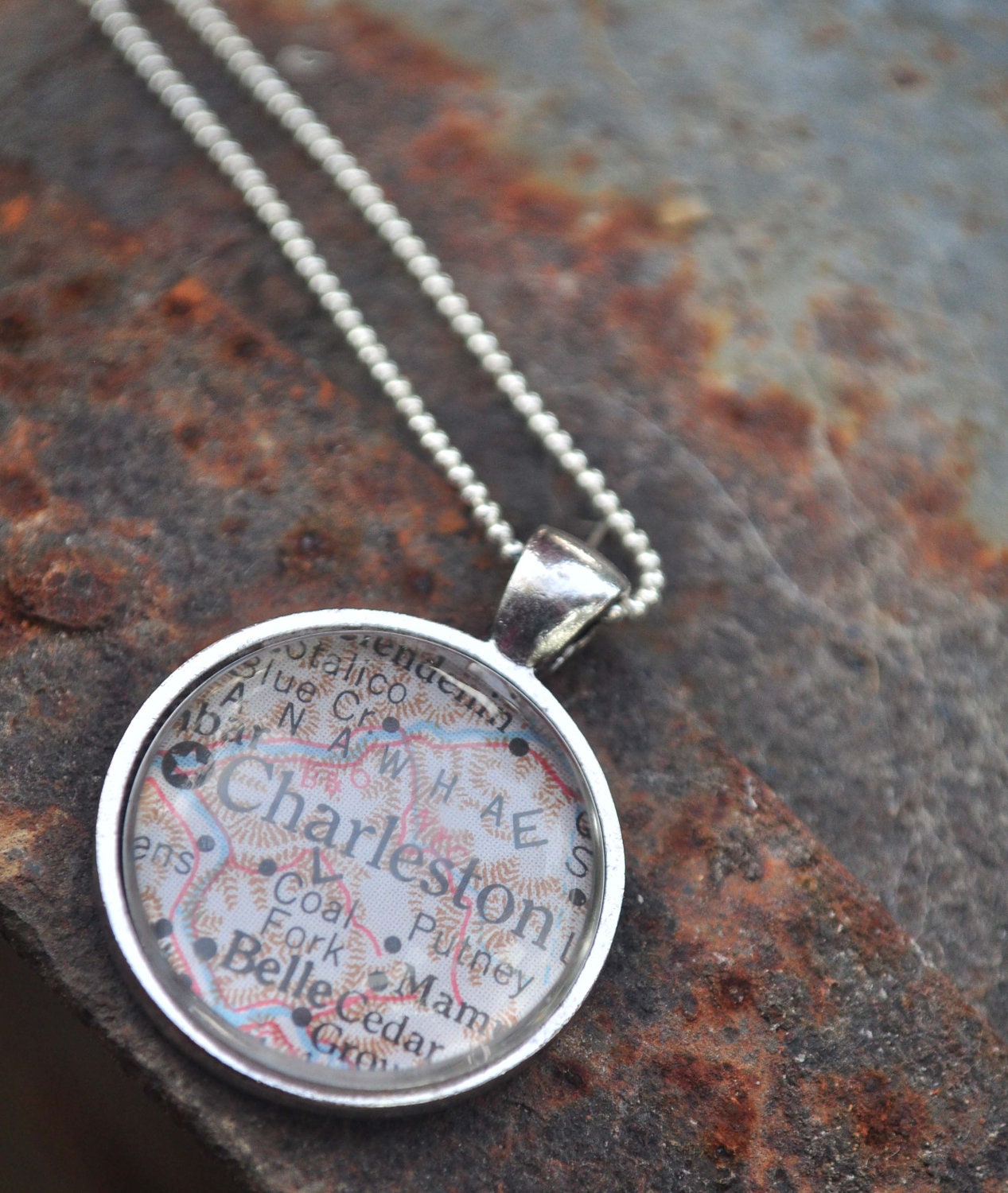 Map Pendant Necklace from Vintage Atlas CHARLESTON West Virginia