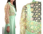 1970s maxi dress, embroidered jacket, mint green dress, sheer flowered jacket - Size M L