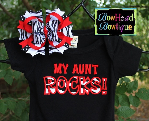 My Aunt Rocks - Red and Zebra Black Boutique Applique Shirt or Onesie and Hair bow Set for Girls
