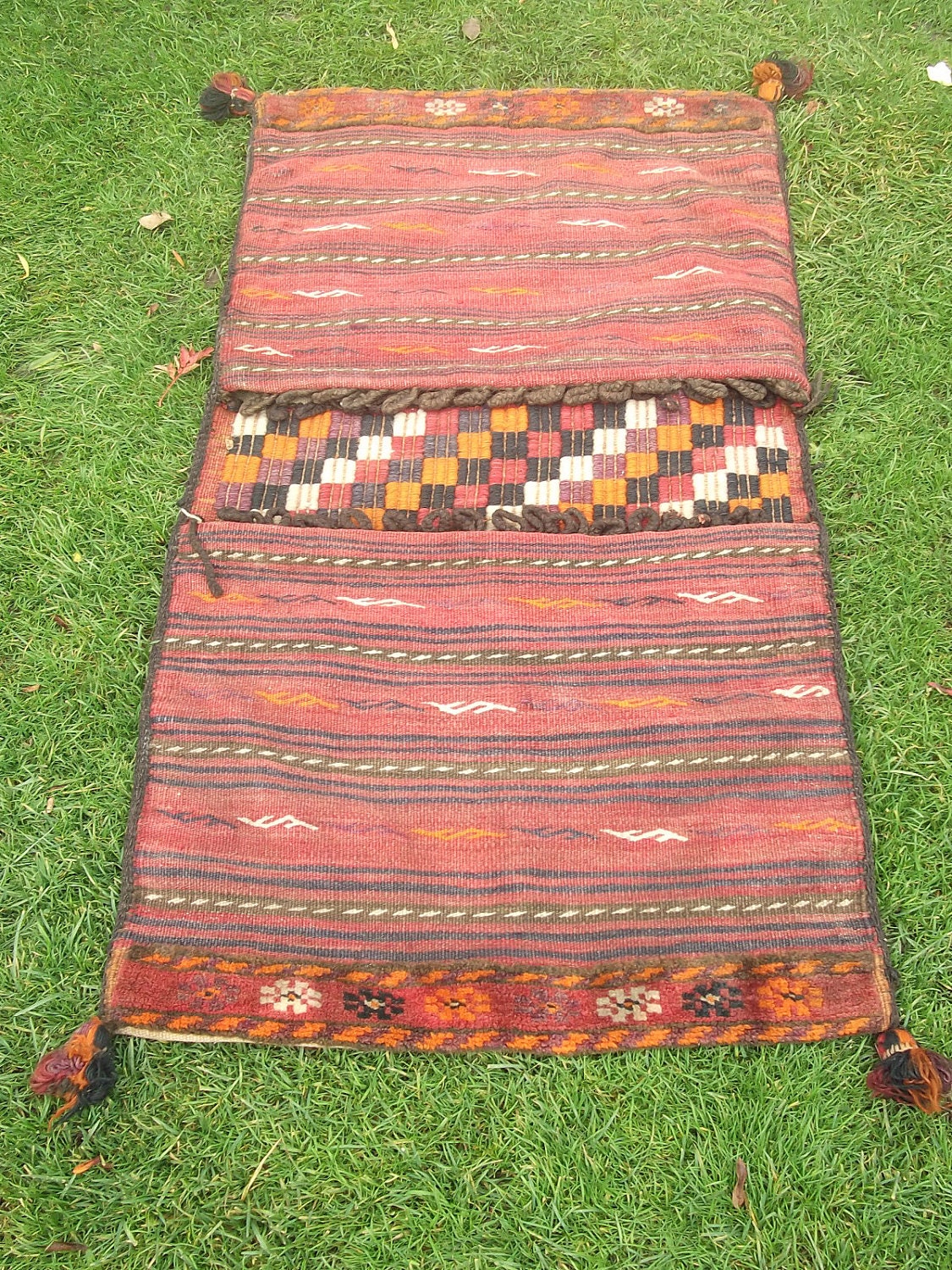 4 ft x 2 ft Tribal Kilim Saddle Bag. Hand Woven Wool. Cushions/pillows.