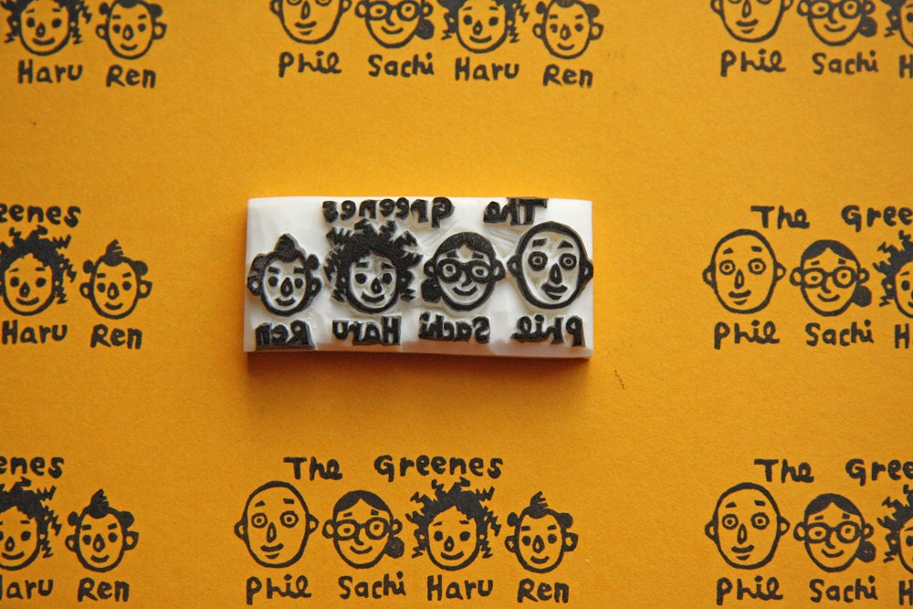 Hand Carved Custom Family Portrait & their Names Stamp -Return Address, Stationery, Invitations, Thank You Cards, Christmas Cards