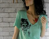 Skeleton Wearing a Mask Venck Tshirt, Ladies Deep Vneck, dyed green or custom colors