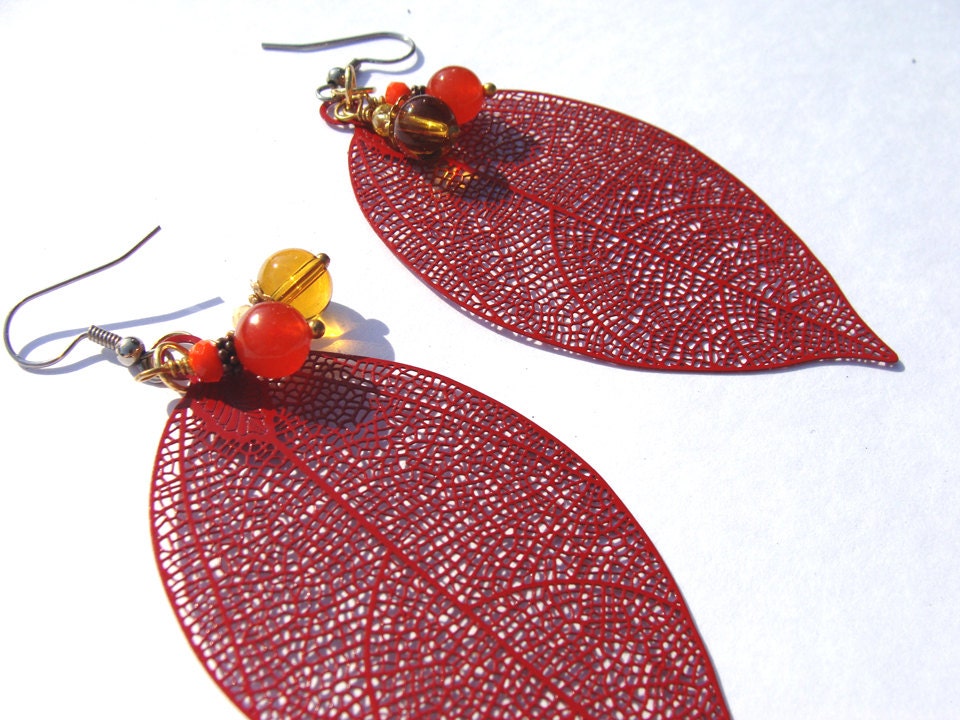 Red Leaf Earrings With Orange and Red Beaded DAngle Pierced
