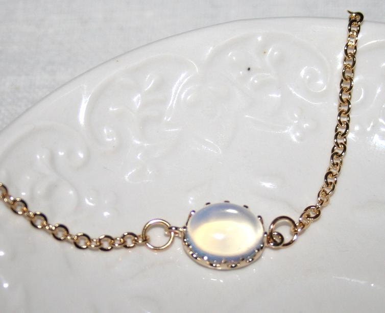 Opal glass pendant and Gold Bracelet, White Opal Oval Gold filled bezel set Dainty chain Bracelet - Etsy Gift, October Birthstone
