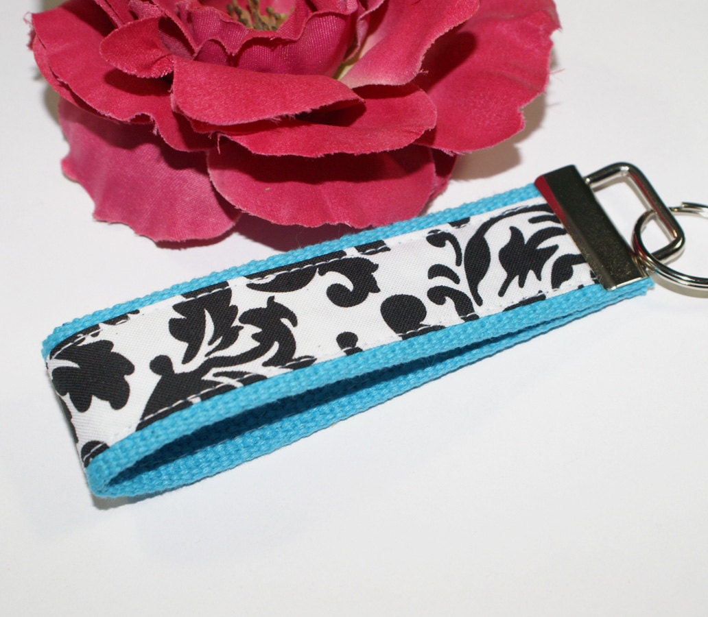 Black & White Damask on Aqua Blue Wristlet / Key Fob / Keychain