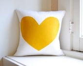 Heart Pillow Cover - White Linen and Yellow Felt 12"