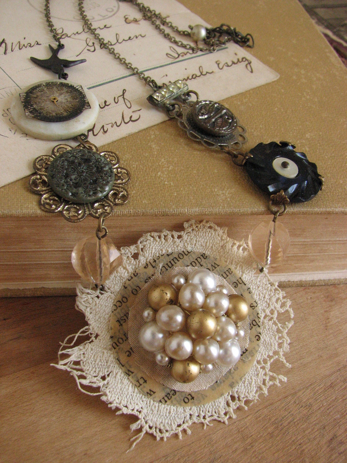 Salvaged Assemblage Statement Necklace with repurposed antique buttons and lace
