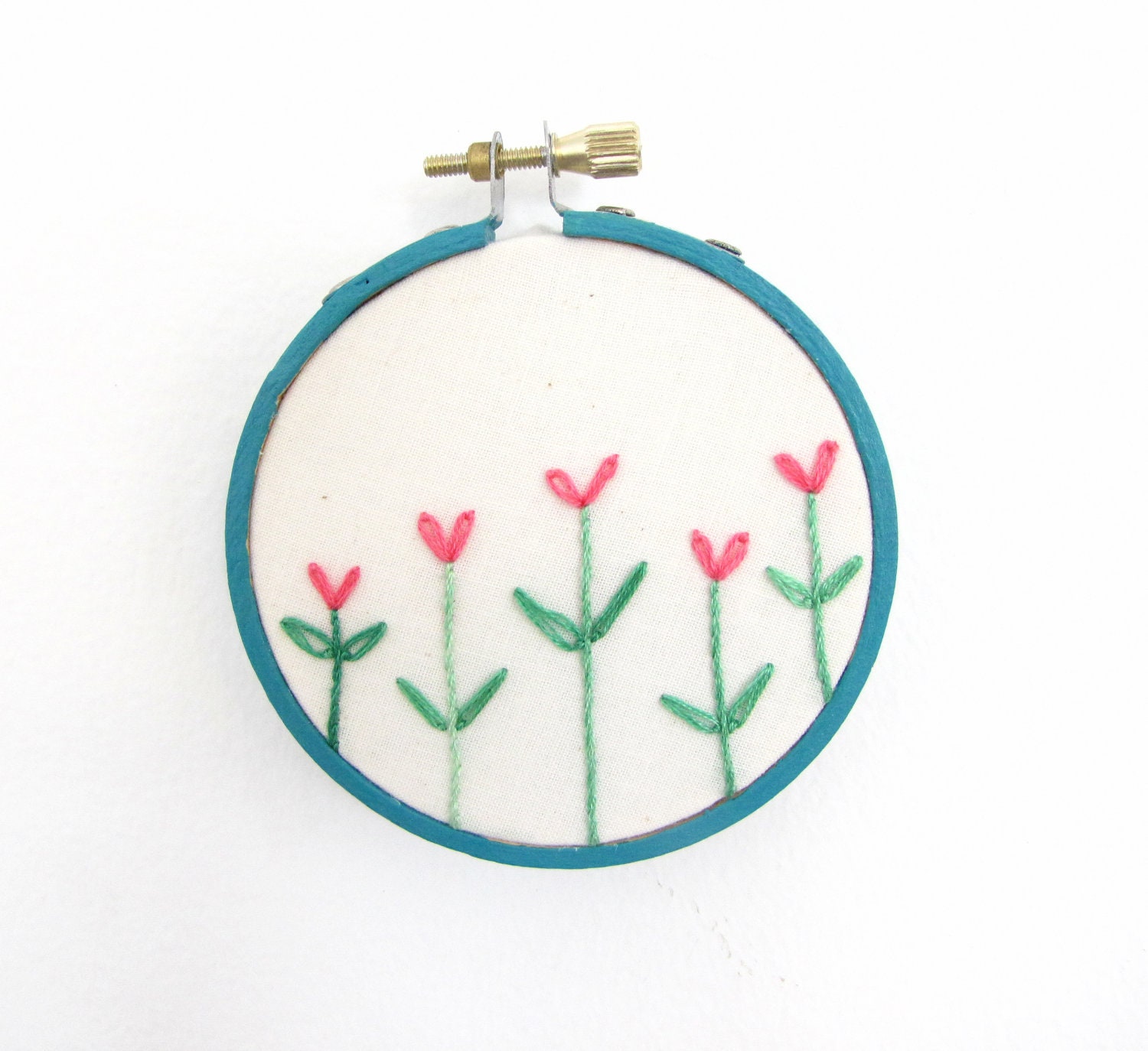 Embroidery Hoop Wall Art - Love Grows pink hearts flower garden
