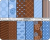 Sweet Boy Baby Shower Paper Pack (12 Sheets) - BUY 2 GET 2 FREE - Personal and Commercial Use  -  polka dot stars denim plaid tartan stripe