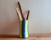 Blue Vase /  yellow green white striped vase / painted home decor