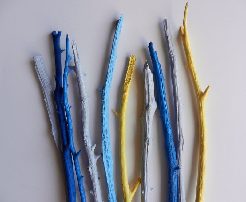 Painted Branches 10 - 15 inches tall / blue and yellow Decor / wooden branches / colorful home decor