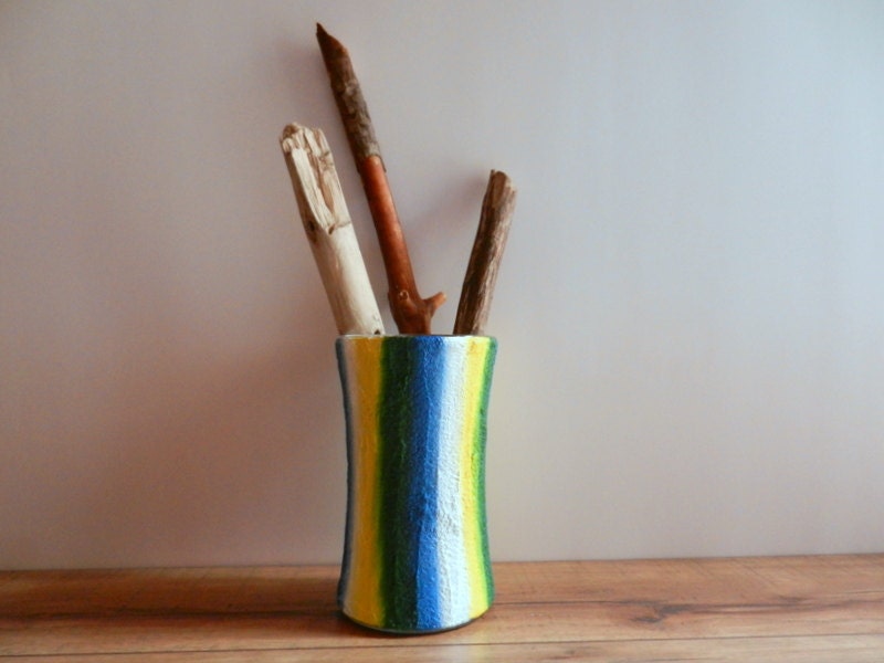 Blue Vase / yellow green white striped vase / painted home decor