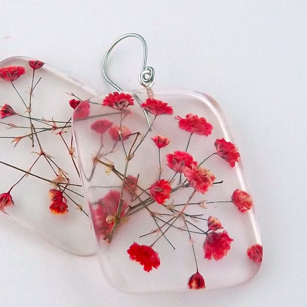 Large Resin Statement Earrings.  Contemporary Botanical Earrings with Red Flowers.  Red Baby's Breath.
