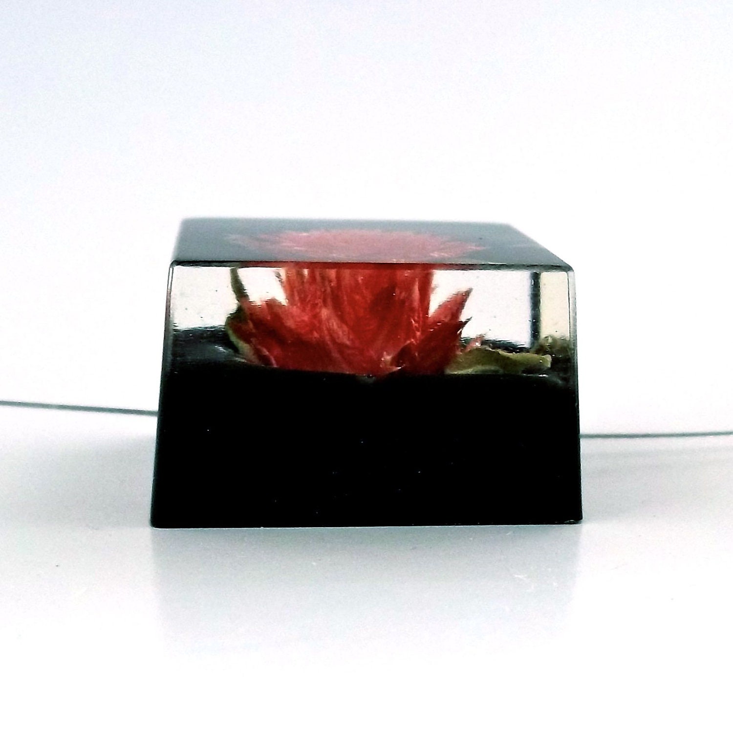 Red Globe Amaranth set into Black Resin Cube.  Elegant Contemporary Jewelry.  Black Botanical Resin Necklace.  Unique Unusual Real Flower.