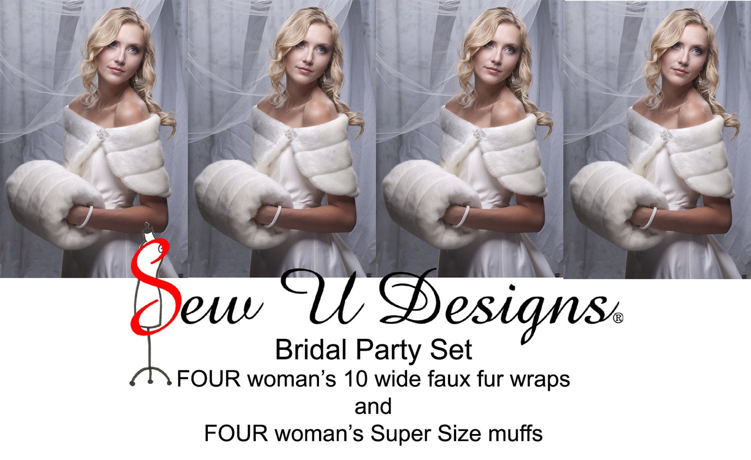 Bridal Set of FOUR winter wedding custom woman's 10" wide faux fur wraps shawl and Super Size muff set shrug & handwarmer