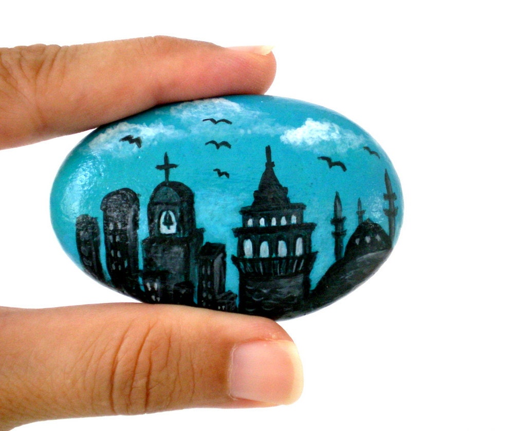 Painted Stone , Galata- Istanbul Cityscape Painted River Rock